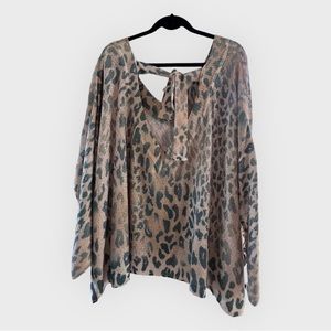 Blue leopard print sweater with ties in back, NWT